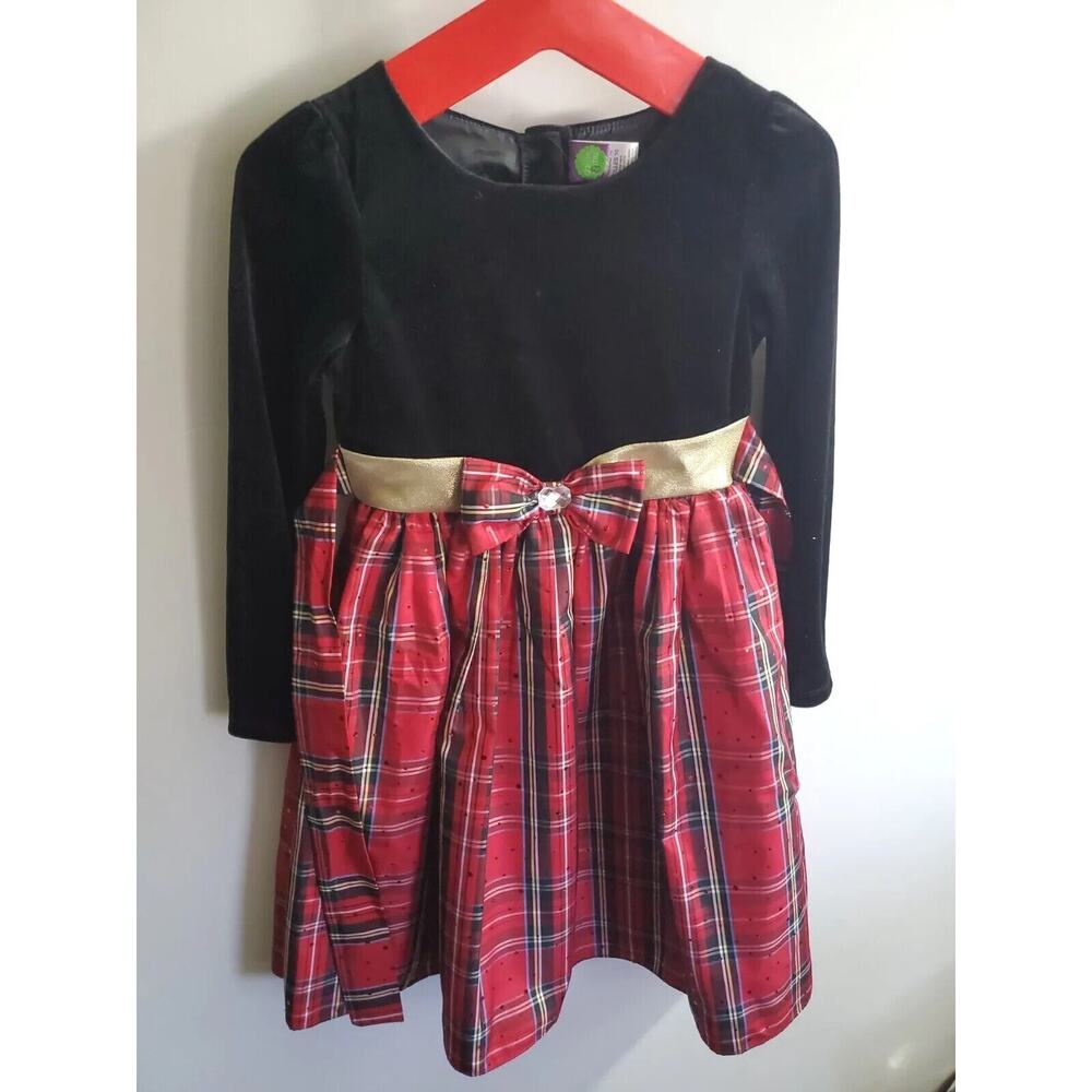 Dollie & Me Girl's Black Velvet Red Plaid Gold Bow Size 10 Tie Back Belt Buttons